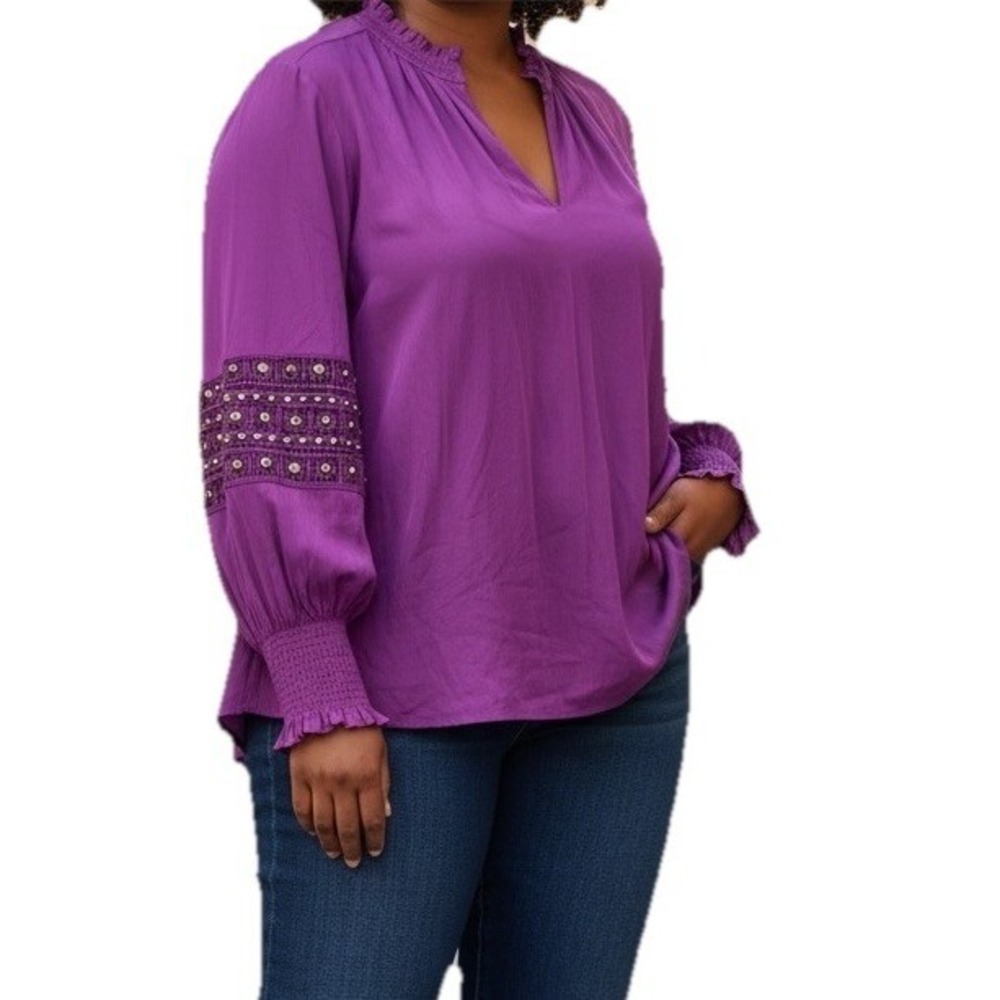 Chico's‎ Blouse 4 XXL Purple Tunic Top Mesh Studded Sleeve Ruffle Cuff V Neck - Picture 2 of 16